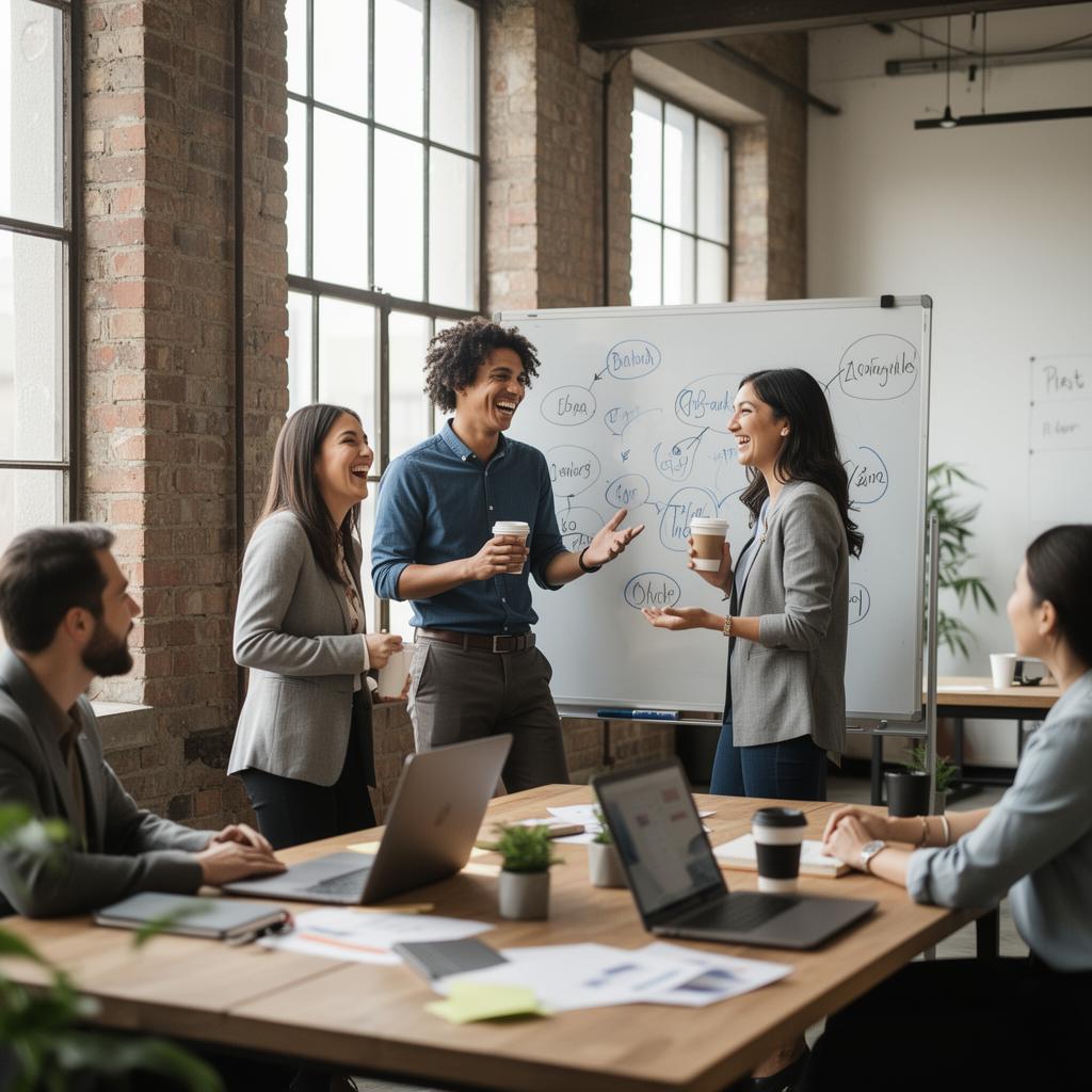 Business team collaborating in a brick loft workspace