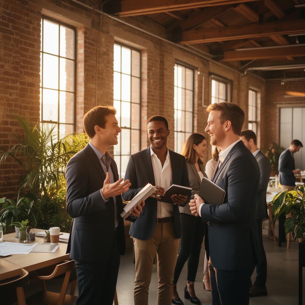 Professionals talking in a sunlit loft office